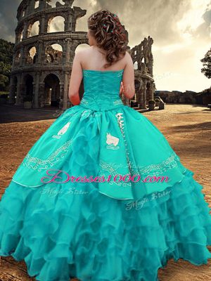 Suitable Turquoise Strapless Neckline Embroidery and Ruffled Layers Vestidos de Quinceanera Sleeveless Zipper