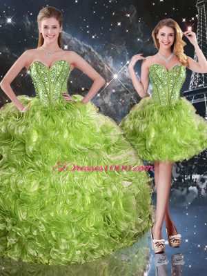 Luxury Floor Length Olive Green 15th Birthday Dress Organza Sleeveless Beading
