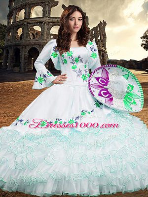 Classical White Square Lace Up Embroidery and Ruffled Layers Sweet 16 Quinceanera Dress Long Sleeves