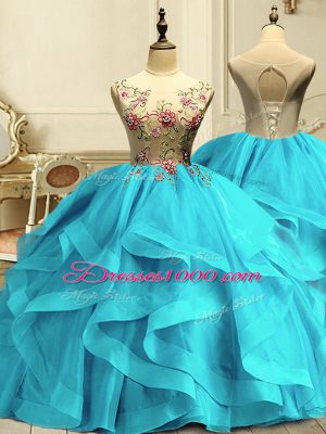 Adorable Aqua Blue Ball Gowns Organza Scoop Sleeveless Appliques and Ruffles Floor Length Lace Up Sweet 16 Quinceanera Dress