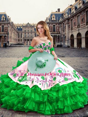 Hot Sale Sleeveless Organza and Taffeta Floor Length Lace Up Sweet 16 Dresses in Green with Embroidery and Ruffled Layers