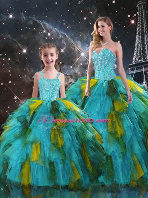 Flare Multi-color Lace Up Sweetheart Beading and Ruffles 15th Birthday Dress Organza Sleeveless