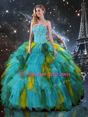 Flare Multi-color Lace Up Sweetheart Beading and Ruffles 15th Birthday Dress Organza Sleeveless