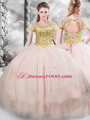 Delicate Short Sleeves Beading Lace Up Sweet 16 Quinceanera Dress