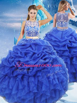 Best Selling Royal Blue Sleeveless Floor Length Beading and Ruffles and Pick Ups Zipper Quinceanera Gown