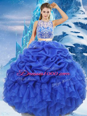 Best Selling Royal Blue Sleeveless Floor Length Beading and Ruffles and Pick Ups Zipper Quinceanera Gown