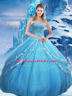 Baby Blue 15th Birthday Dress Military Ball and Sweet 16 and Quinceanera with Beading and Appliques and Sequins Sweetheart Sleeveless Lace Up