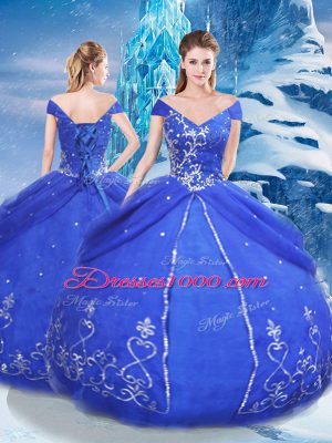 Customized Blue Tulle Lace Up Quinceanera Dresses Short Sleeves Floor Length Appliques