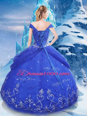 Customized Blue Tulle Lace Up Quinceanera Dresses Short Sleeves Floor Length Appliques