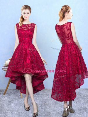 A-line Bridesmaid Dresses Burgundy Scoop Lace Sleeveless High Low Zipper