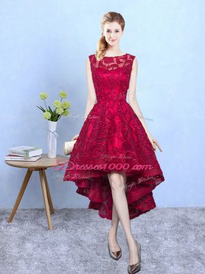 A-line Bridesmaid Dresses Burgundy Scoop Lace Sleeveless High Low Zipper