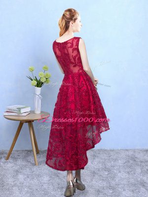 A-line Bridesmaid Dresses Burgundy Scoop Lace Sleeveless High Low Zipper