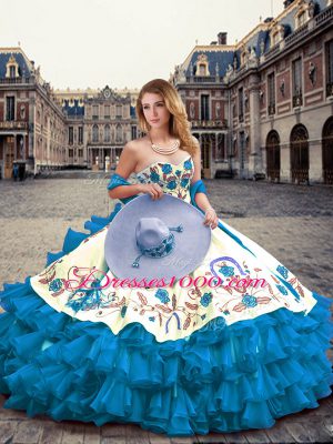 Nice Sweetheart Sleeveless Quinceanera Gown Floor Length Embroidery and Ruffled Layers Blue And White Organza and Taffeta