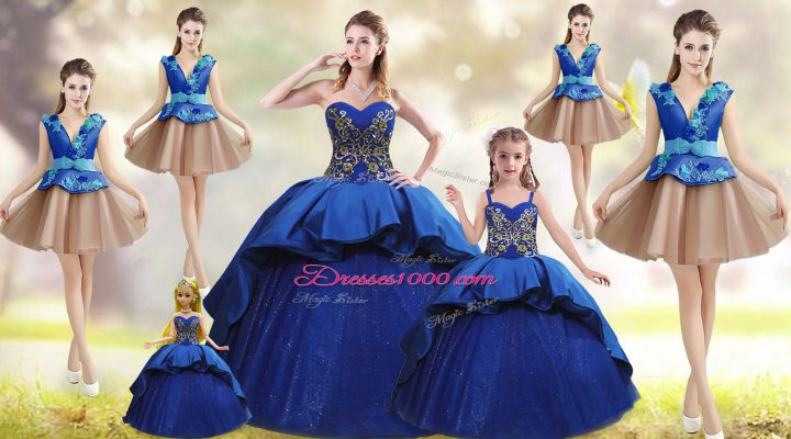 Beading and Appliques and Embroidery Quinceanera Gown Blue Lace Up Sleeveless Court Train