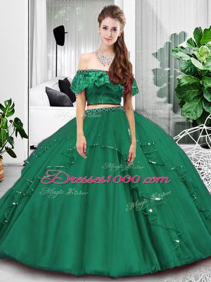 Customized Dark Green Off The Shoulder Neckline Lace and Ruffles Quinceanera Gown Sleeveless Lace Up