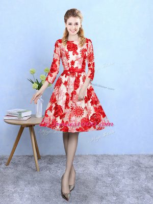 Fabulous Red 3 4 Length Sleeve Printed Lace Up Damas Dress for Prom and Party