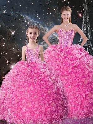 Rose Pink Ball Gowns Sweetheart Sleeveless Organza Floor Length Lace Up Beading and Ruffles Quinceanera Gowns