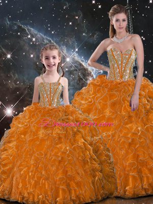 Orange Sweetheart Neckline Beading and Ruffles Quinceanera Gowns Sleeveless Lace Up