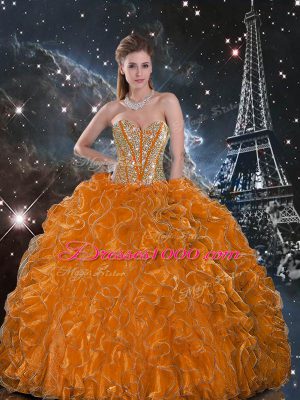 Orange Sweetheart Neckline Beading and Ruffles Quinceanera Gowns Sleeveless Lace Up