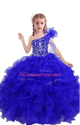One Shoulder Sleeveless Girls Pageant Dresses Floor Length Beading and Ruffles Royal Blue Organza