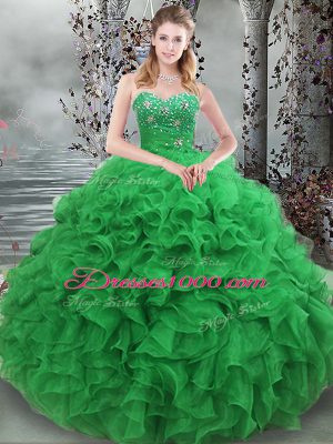 Fitting Green Sleeveless Organza Lace Up Quinceanera Dresses for Military Ball and Sweet 16
