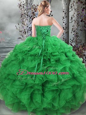 Fitting Green Sleeveless Organza Lace Up Quinceanera Dresses for Military Ball and Sweet 16