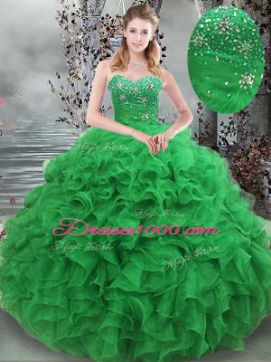 Fitting Green Sleeveless Organza Lace Up Quinceanera Dresses for Military Ball and Sweet 16