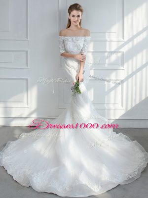 Gorgeous White Lace Up Bridal Gown Lace and Appliques Half Sleeves Court Train