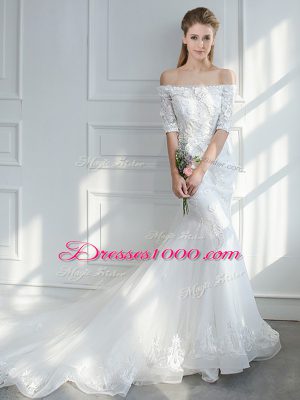 Gorgeous White Lace Up Bridal Gown Lace and Appliques Half Sleeves Court Train