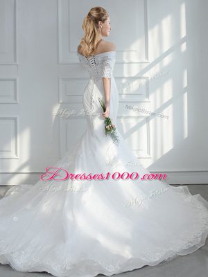 Gorgeous White Lace Up Bridal Gown Lace and Appliques Half Sleeves Court Train