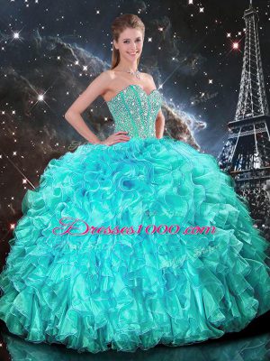 Fashionable Aqua Blue Ball Gowns Beading and Ruffles 15th Birthday Dress Lace Up Organza Sleeveless Floor Length