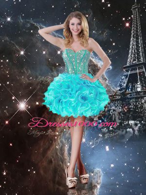 Fashionable Aqua Blue Ball Gowns Beading and Ruffles 15th Birthday Dress Lace Up Organza Sleeveless Floor Length