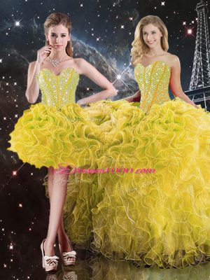 Yellow Sleeveless Organza Lace Up Vestidos de Quinceanera for Military Ball and Sweet 16 and Quinceanera