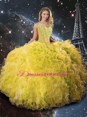 Yellow Sleeveless Organza Lace Up Vestidos de Quinceanera for Military Ball and Sweet 16 and Quinceanera