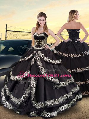 On Sale Black Lace Up Quinceanera Gown Embroidery and Ruffled Layers Sleeveless Floor Length
