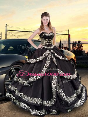 On Sale Black Lace Up Quinceanera Gown Embroidery and Ruffled Layers Sleeveless Floor Length