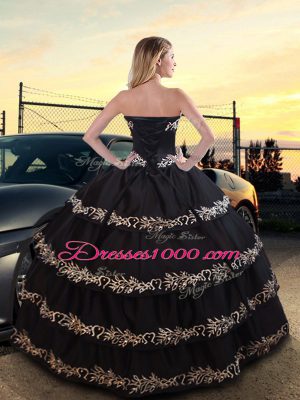 On Sale Black Lace Up Quinceanera Gown Embroidery and Ruffled Layers Sleeveless Floor Length