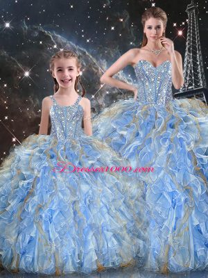 Inexpensive Organza Sweetheart Sleeveless Lace Up Beading and Ruffles Sweet 16 Dress in Light Blue