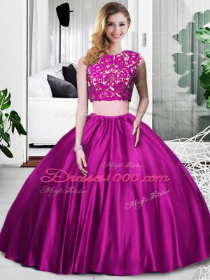 Sleeveless Floor Length Lace and Ruching Zipper Ball Gown Prom Dress with Fuchsia