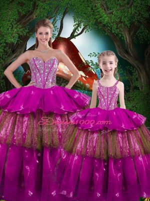 Beading and Ruffled Layers 15 Quinceanera Dress Fuchsia Lace Up Sleeveless Floor Length