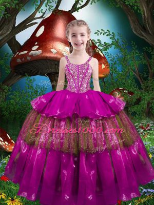 Beading and Ruffled Layers 15 Quinceanera Dress Fuchsia Lace Up Sleeveless Floor Length