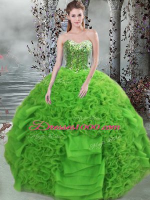 Floor Length Lace Up 15th Birthday Dress Green for Military Ball and Sweet 16 and Quinceanera with Beading and Ruffles