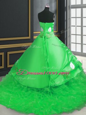 Elegant Green Lace Up Quinceanera Dresses Embroidery and Ruffles Sleeveless Brush Train