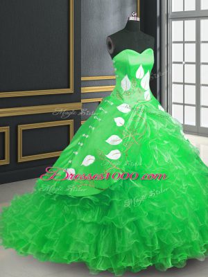 Elegant Green Lace Up Quinceanera Dresses Embroidery and Ruffles Sleeveless Brush Train