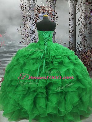 Green Ball Gowns Organza Sweetheart Sleeveless Beading and Ruffles Floor Length Lace Up Quinceanera Gowns