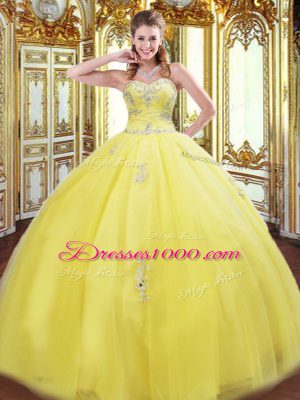 Yellow Tulle Lace Up Sweetheart Sleeveless Floor Length Quinceanera Gowns Beading and Appliques