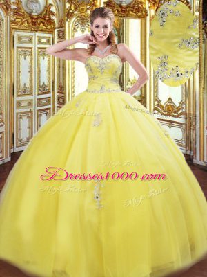 Yellow Tulle Lace Up Sweetheart Sleeveless Floor Length Quinceanera Gowns Beading and Appliques