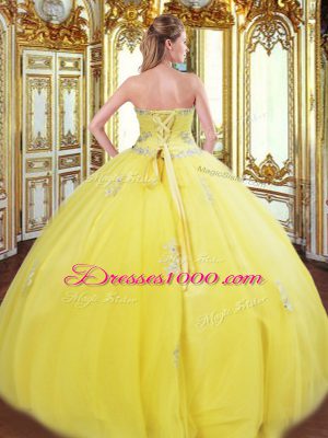 Yellow Tulle Lace Up Sweetheart Sleeveless Floor Length Quinceanera Gowns Beading and Appliques