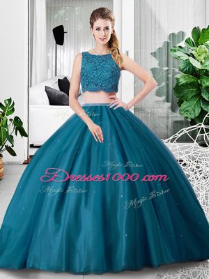 Teal Sleeveless Lace and Ruching Floor Length Quinceanera Dresses