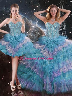 Glittering Multi-color Organza Lace Up Quinceanera Dresses Sleeveless Floor Length Beading and Ruffled Layers